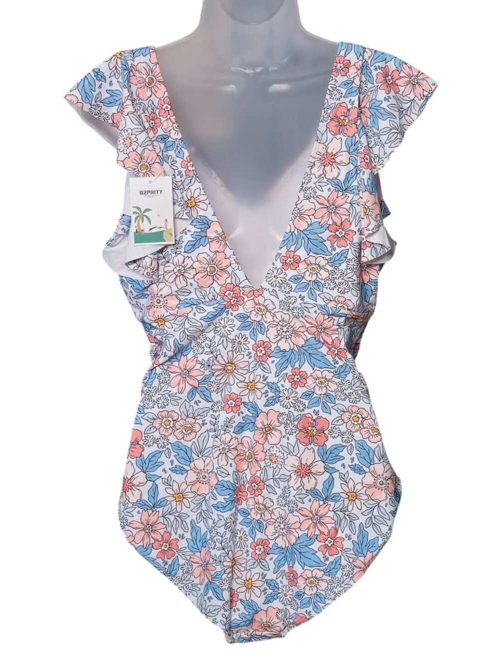 Floral Ruffle Sleeve One Piece Swimsuit XL Deep V Neck Tummy Control - Picture 7 of 9